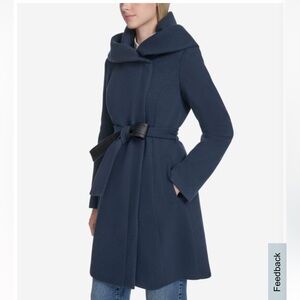 Cole Haan Signature Wool Blend Navy coat with black faux leather belt size 10